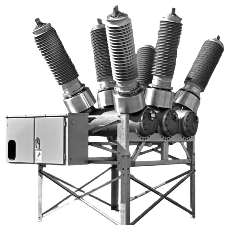 A high voltage circuit breaker on its steel support frame
