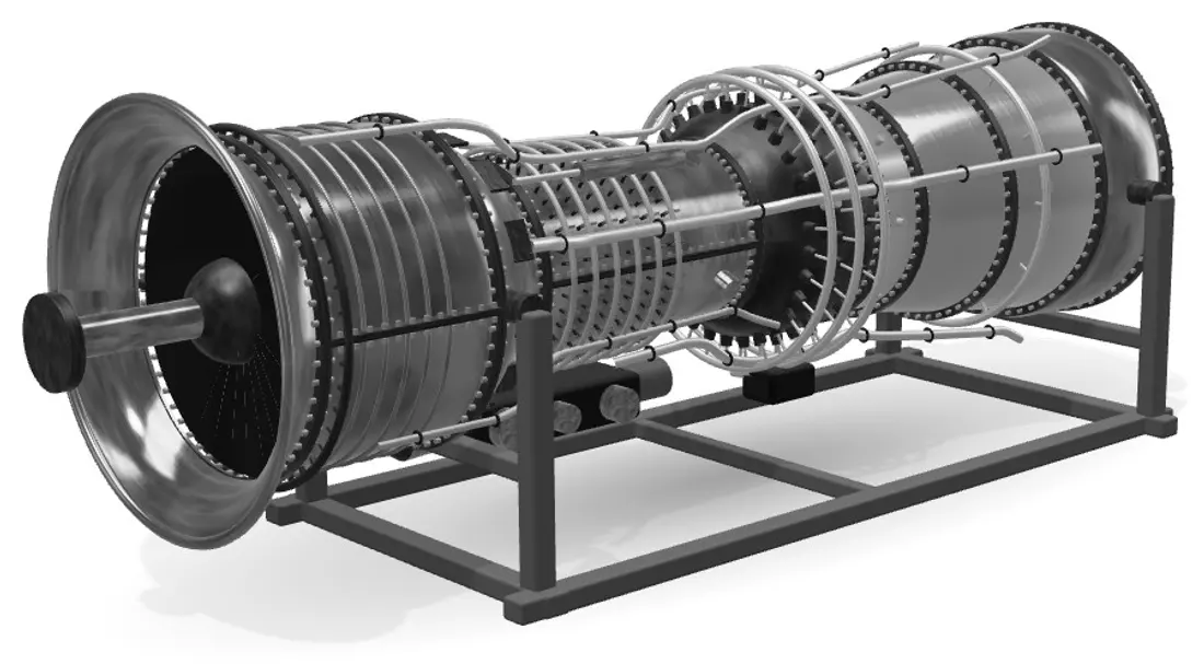 Illustration of an aeroderivative gas turbine on its transport stand