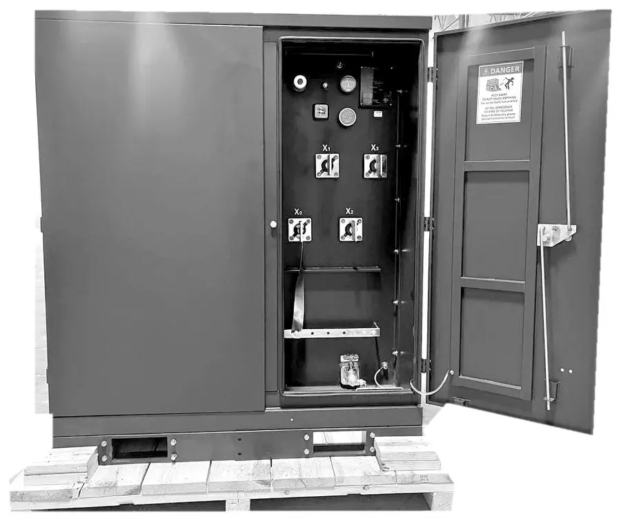 A padmount transformer with its low voltage compartment open