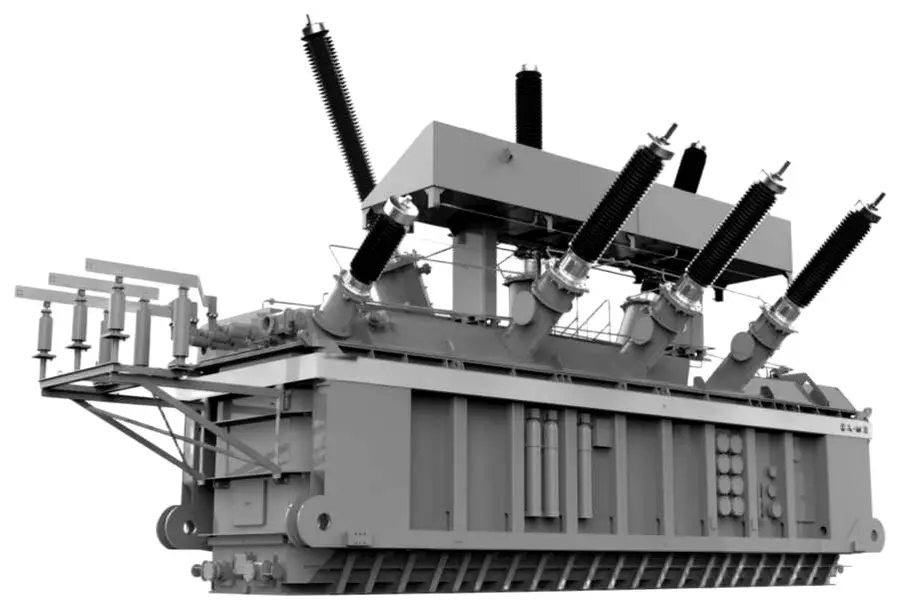 A large oil-filled power transformer with high voltage bushings