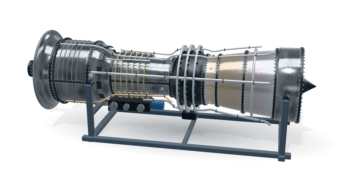 A gas turbine on its transport stand, drawn in 3D